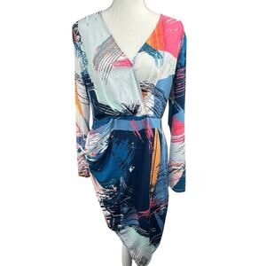 BCBG MAXAZRIA Blayr Asymmetrical Hem Faux Wrap Dress Size M Long Sleeve Surplice